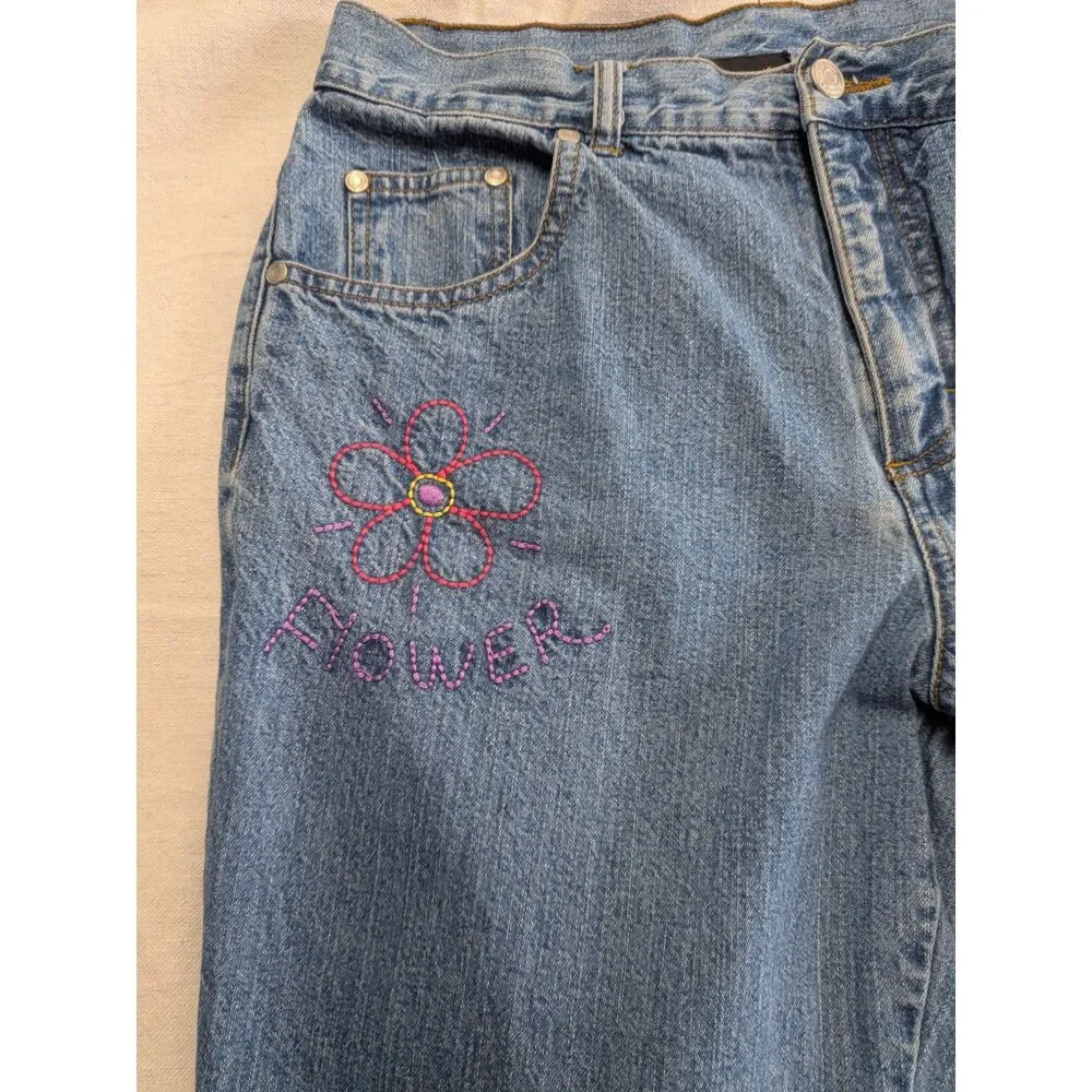 No Boundaries Juniors 11 Y2K Flower Power Embroidered Wide Leg Jeans 100% Cotton